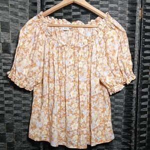 Gap Brown/Tan Floral Smocked Puff Sleeve Blouse SZ XS